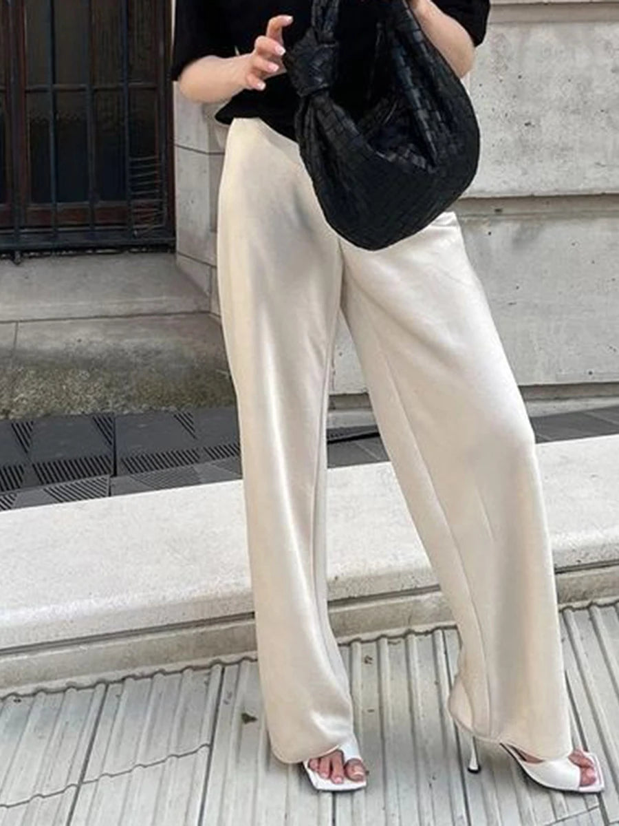 Elegantes pantalones de satén de pernera ancha para mujer, con estilo, cintura elástica, ajuste holgado, pantalones largos para ropa de calle, trabajo, color liso