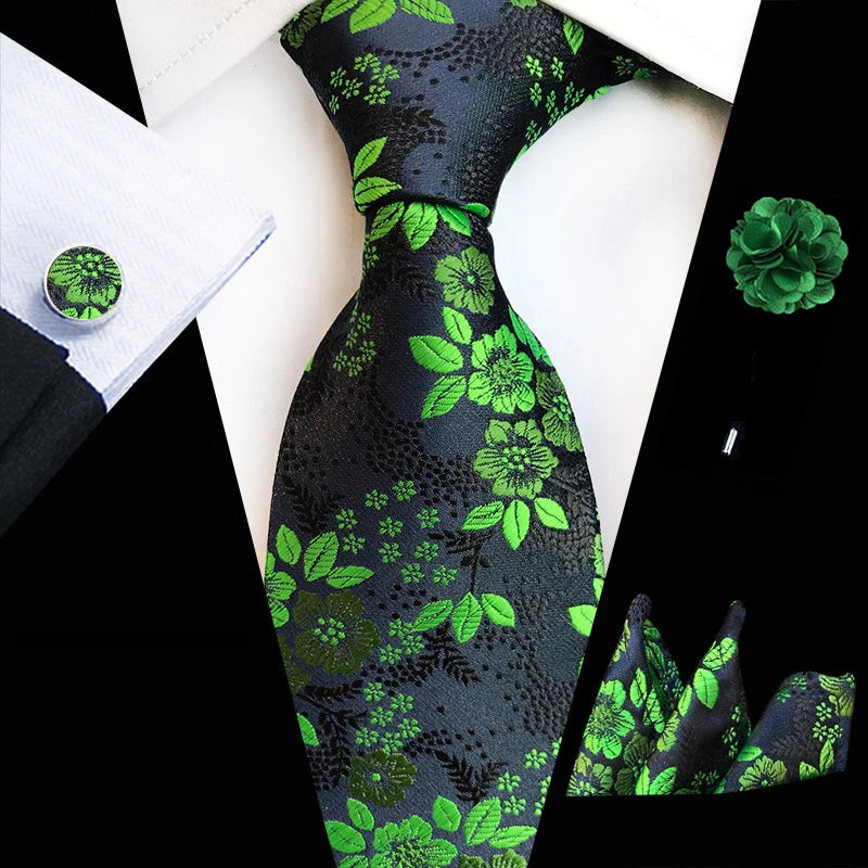 Floral Silk Necktie, Pocket Square & Cufflinks Set – Multiple Colors