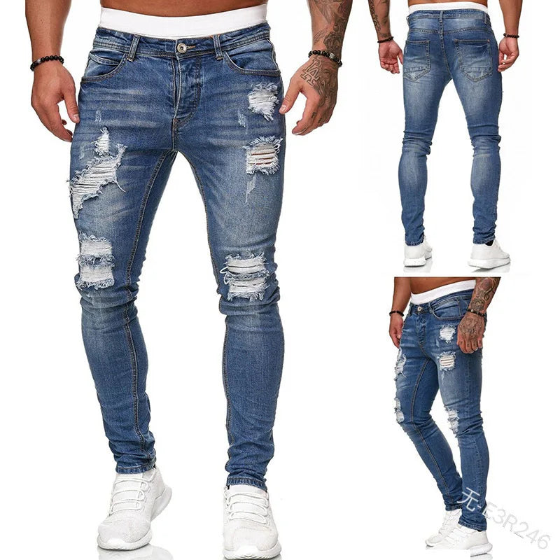 Unisex White Embroidery Ripped Skinny Jeans