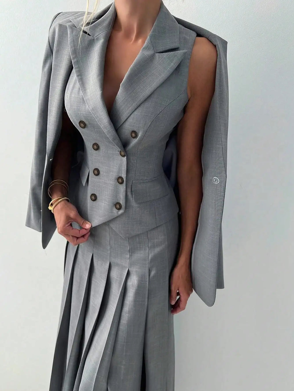 Women's 3-Piece Elegant Business Suit Set – Blazer, Vest & Pleated Midi Skirt