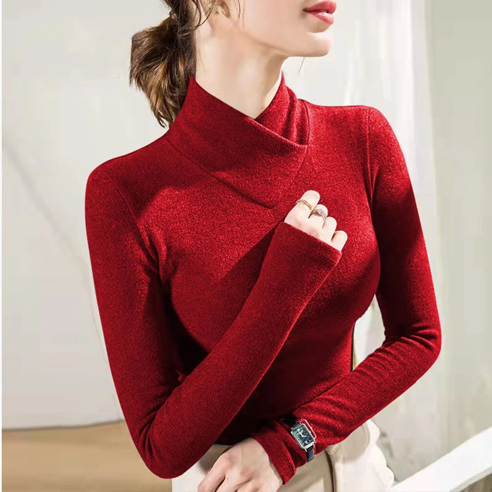 Crossover High Collar Long Sleeve Knit Top – 7 Colors