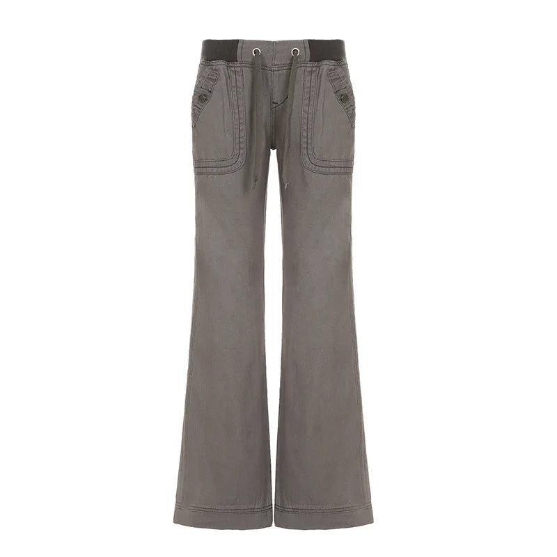 Pantalones retro de cordones de tiro bajo, estilo urbano, patchwork, holgados e informales para mujer, pantalones rectos Harajuku de moda coreana