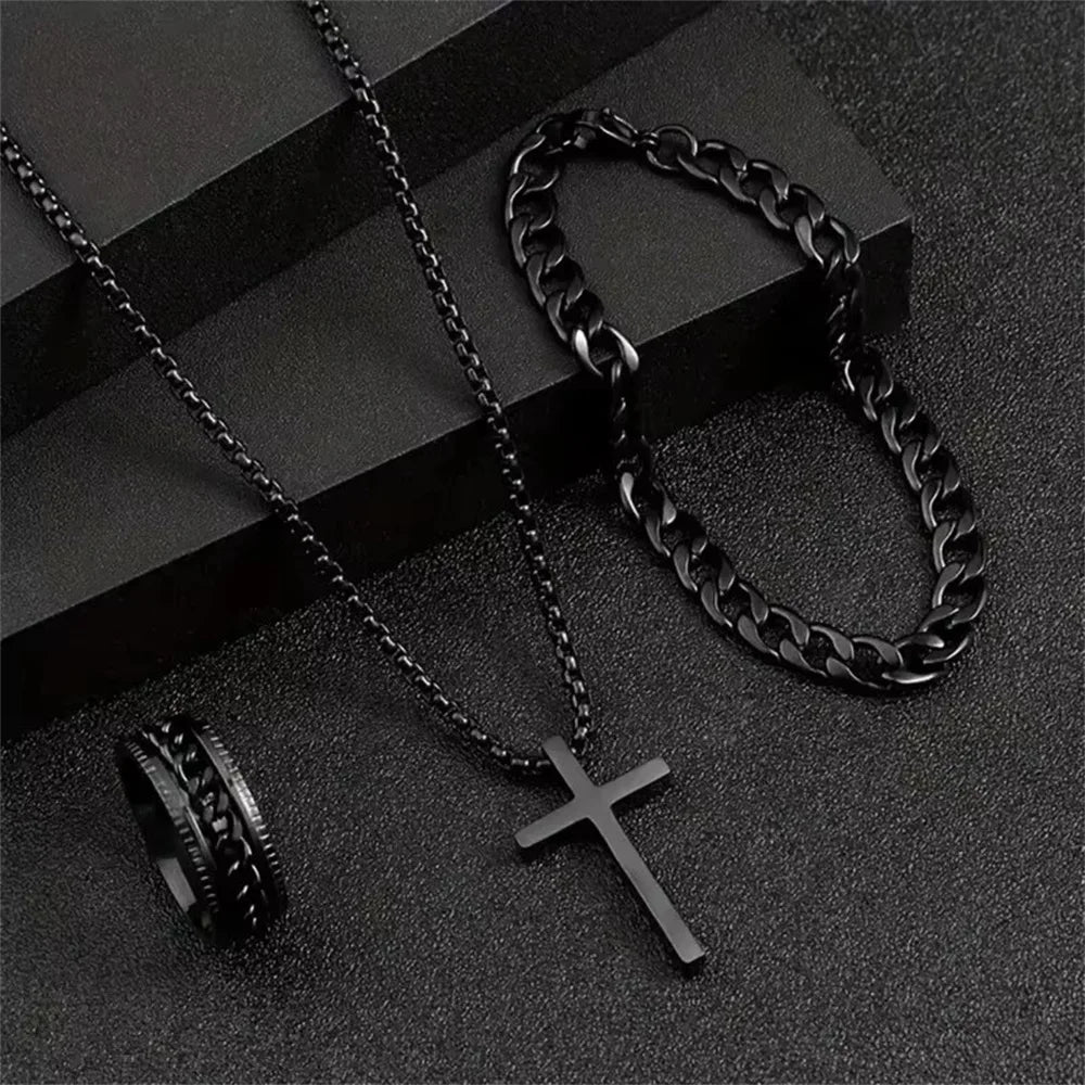 Set de collar, pulsera y anillo con cruz estilo punk | Joyería hip hop de 3 piezas