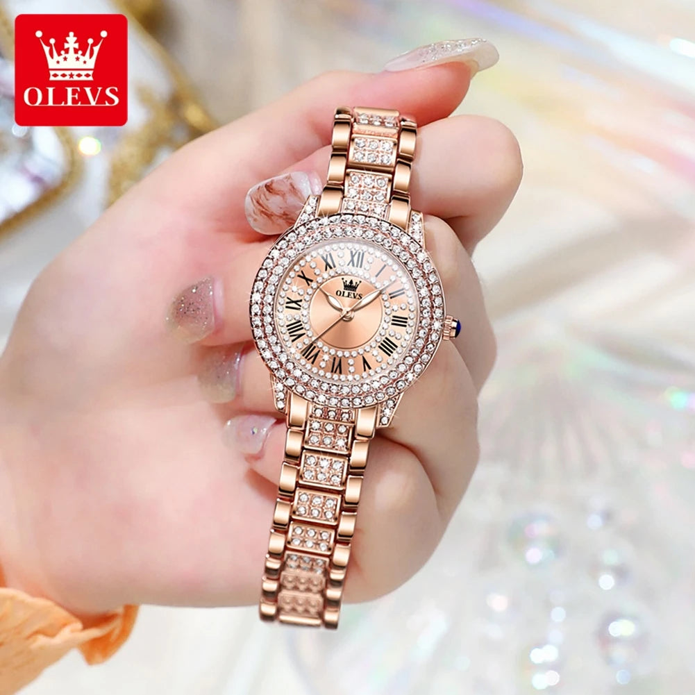 OLEVS 9943 Women's Diamond Quartz Watch | Roman Numeral Dial | Luminous | Stainless Steel Bracelet