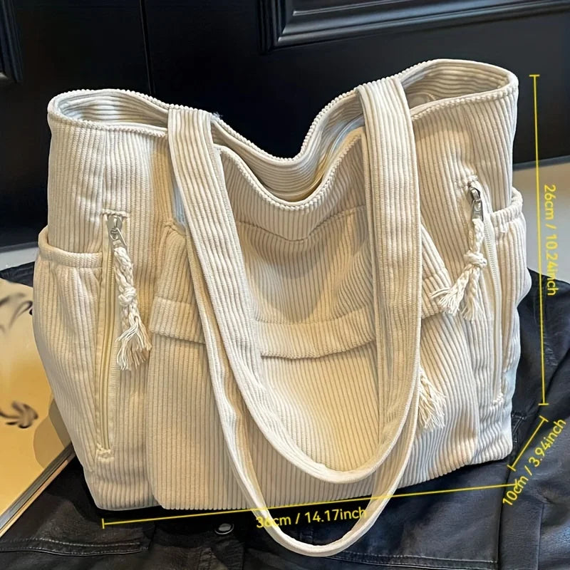 Corduroy Shoulder Tote Bag — Casual Multi-Pocket Women's Handbag