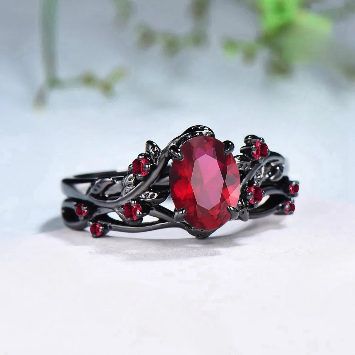 Charm Couple Rings – Red Rhinestone Women's & Celtic Dragon Men's Wedding Band Set