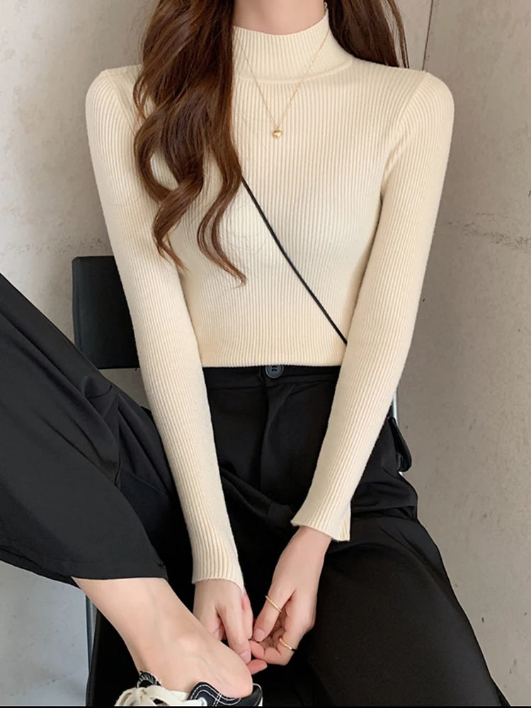 Jersey de punto ajustado de cuello alto para mujer | Suéter básico liso vintage 11 colores talla única