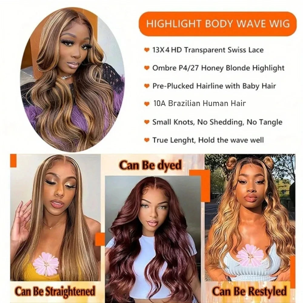 Honey Blonde Highlight Body Wave Lace Front Wig — Brazilian Remy Human Hair