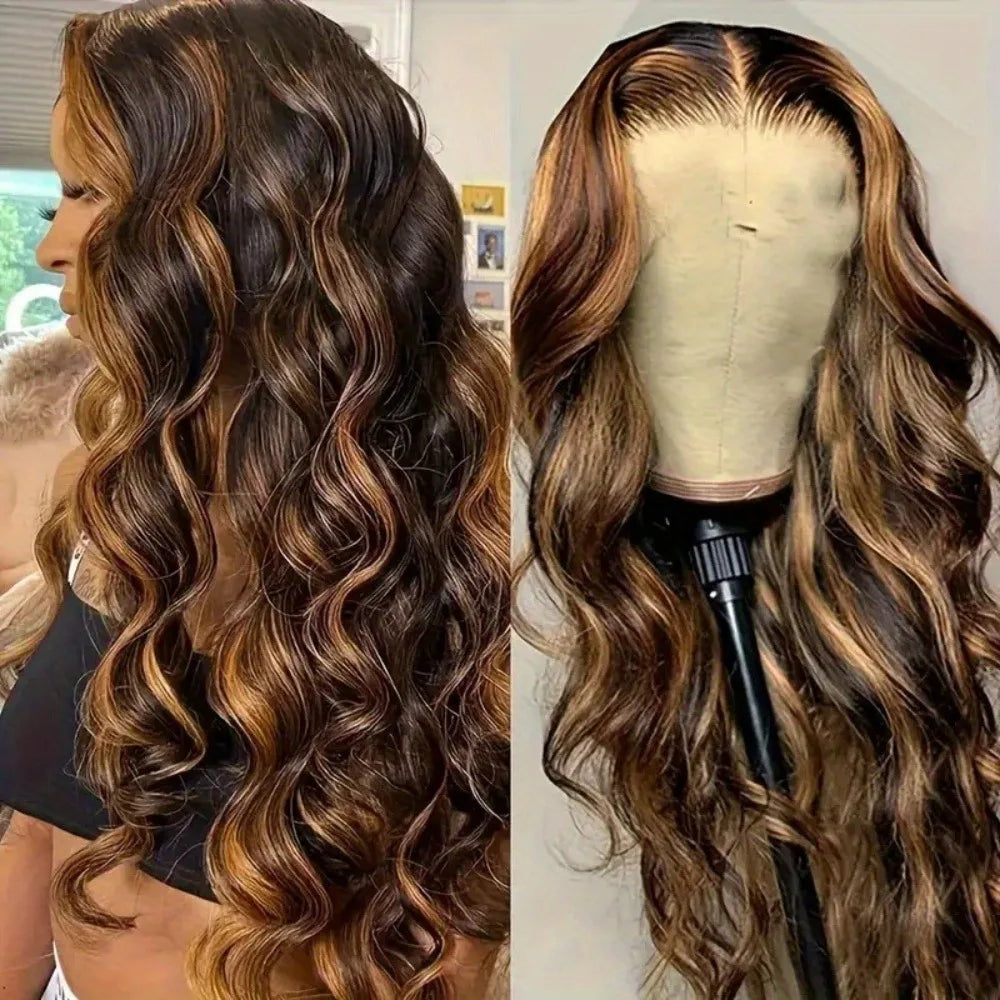 Honey Blonde Highlight Body Wave Lace Front Wig — Brazilian Remy Human Hair