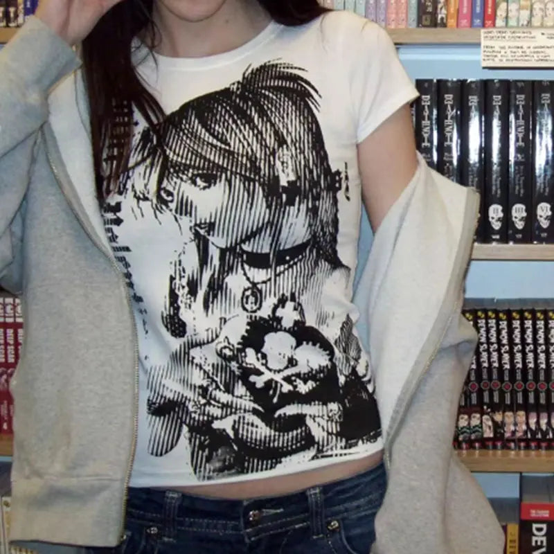 Camisetas con estampado de texto de los 90 estilo Harajuku, cuello redondo, ropa de los 2000, camiseta corta sencilla de estilo vintage, emo estético, informal para mujer
