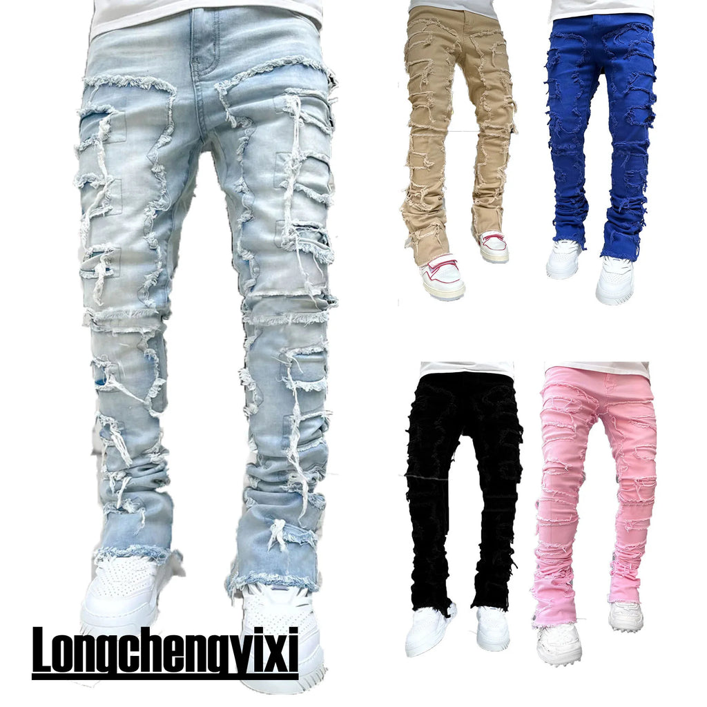 Unisex Stacked Ripped Distressed Slim Jeans