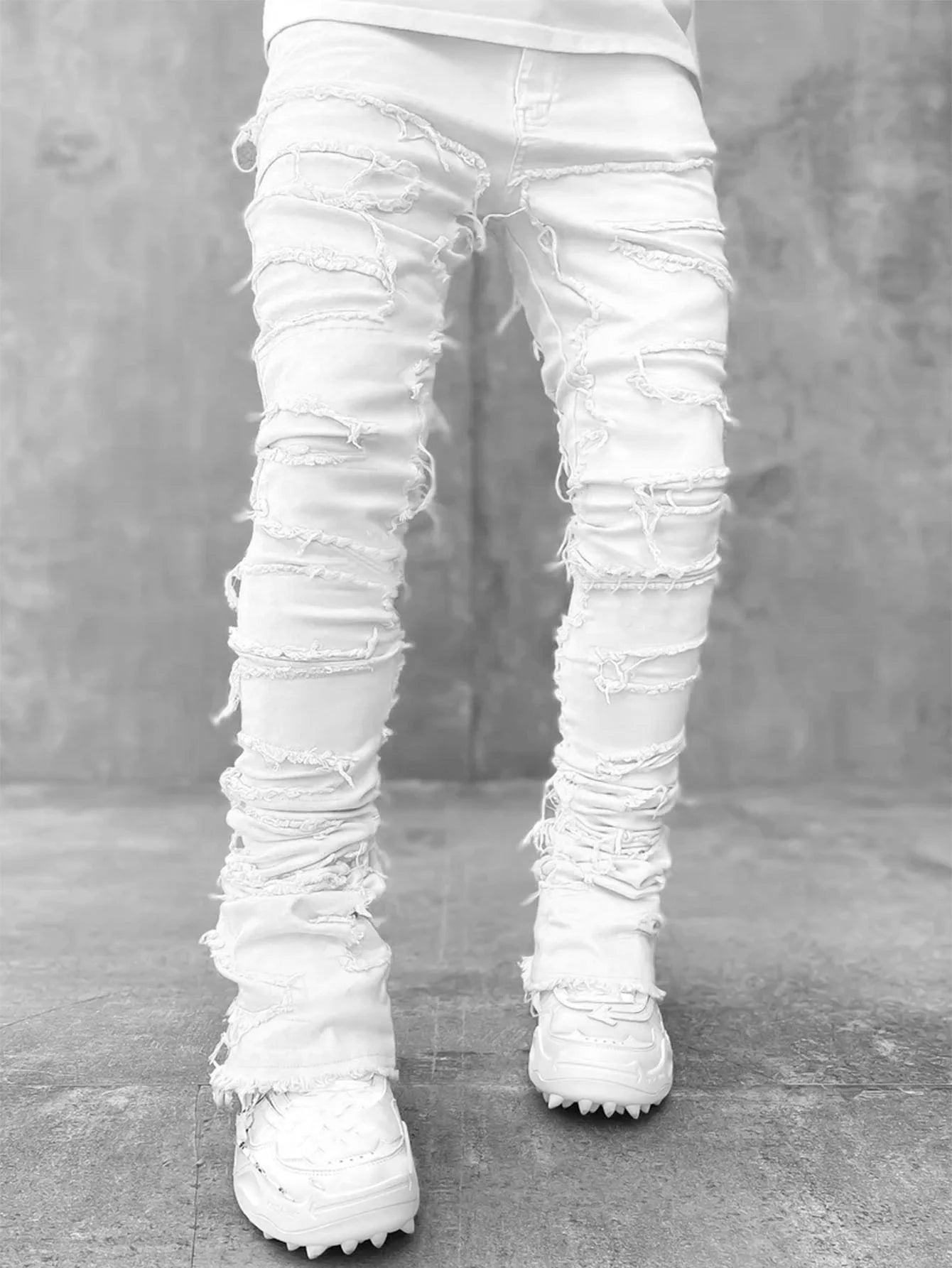 Unisex Stacked Ripped Distressed Slim Jeans