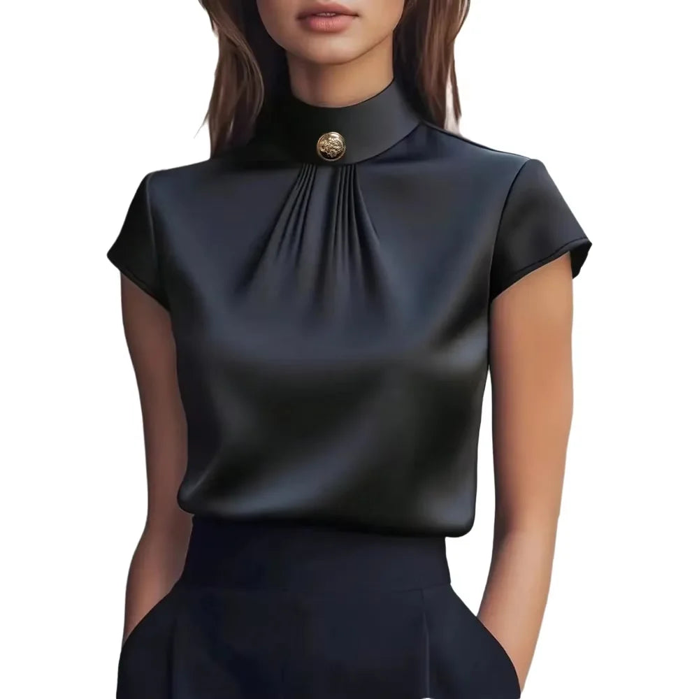 Women's Satin Pleated Blouse — Stand Collar, Short Sleeve