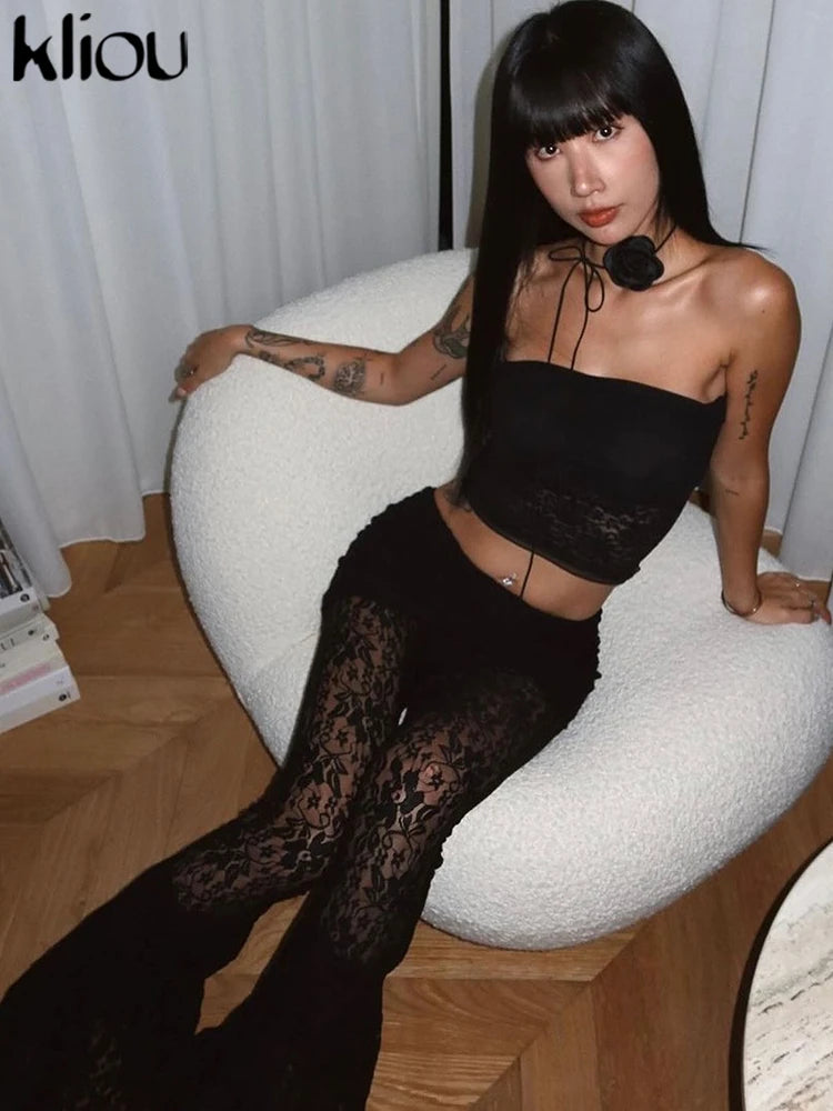 Women's Lace See-Through High Waist Straight Pants