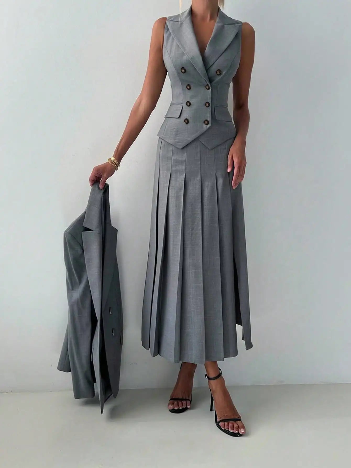 Women's 3-Piece Elegant Business Suit Set – Blazer, Vest & Pleated Midi Skirt