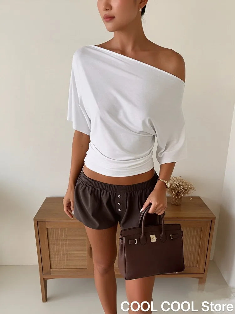 Tops de mujer sin hombros, verano, nueva moda, ajustados, lisos, de manga corta, cortos, para fiesta, sexys, básicos, informales, de punto