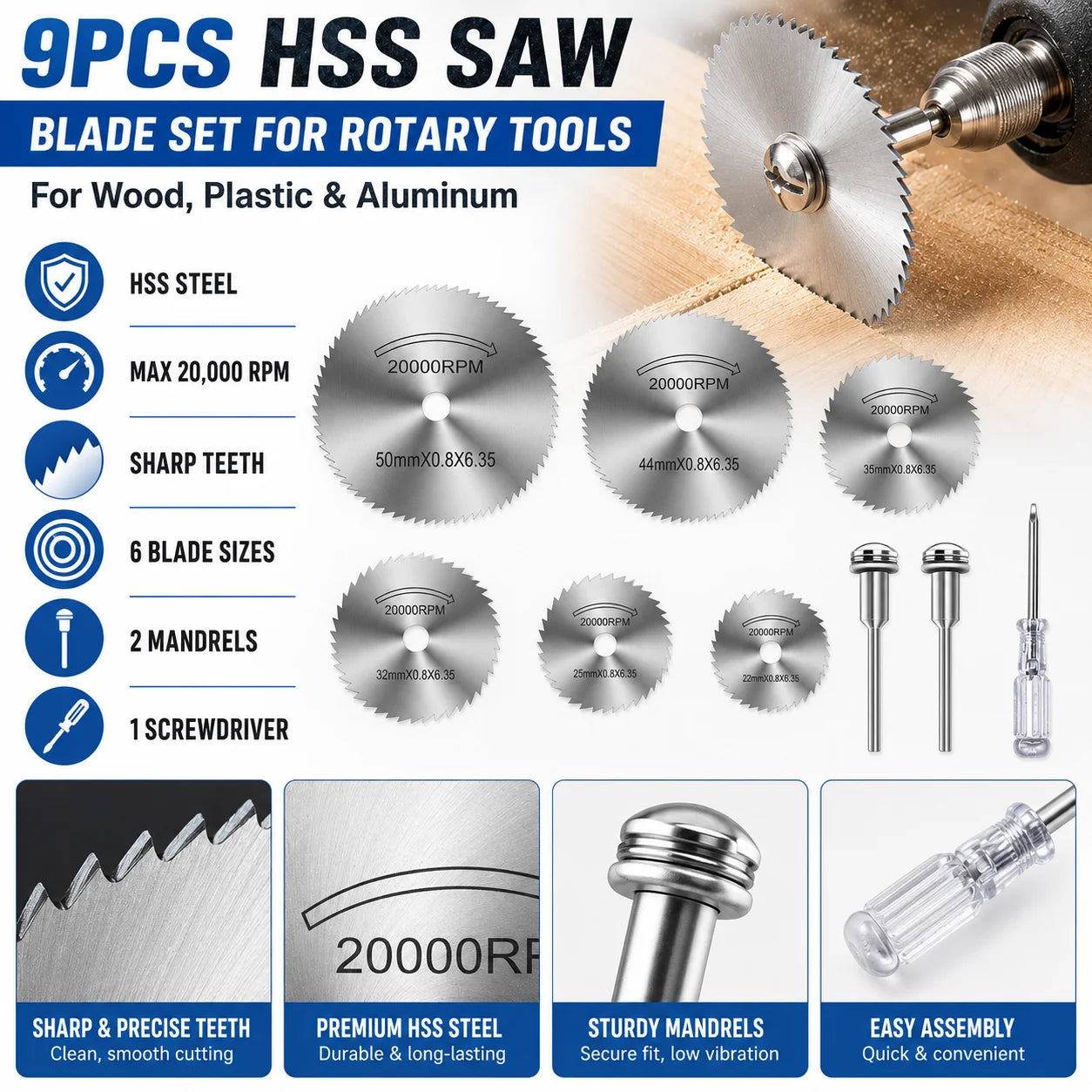 9pcs Rotary Tool Cutting Wheel Set HSS Saw Disc Blades 1/8' & 1/4' Shank Wood Plastic Aluminum Cutting Set with Screwdriver