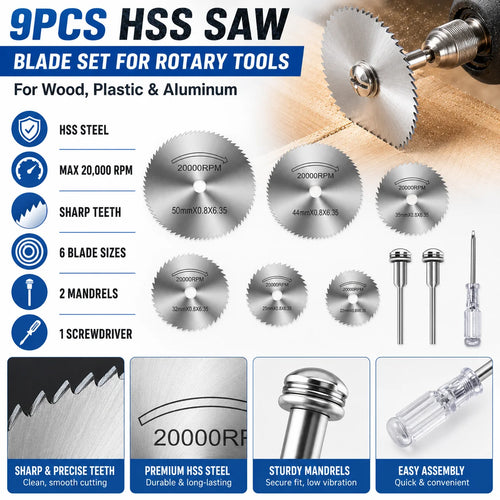 9pcs Rotary Tool Cutting Wheel Set HSS Saw Disc Blades 1/8' & 1/4' Shank Wood Plastic Aluminum Cutting Set with Screwdriver