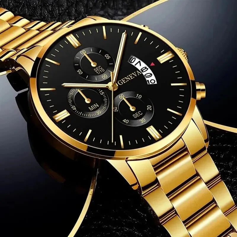 Men's Quartz Watch & Bracelet Gift Set – Calendar Chronograph-Style Dial