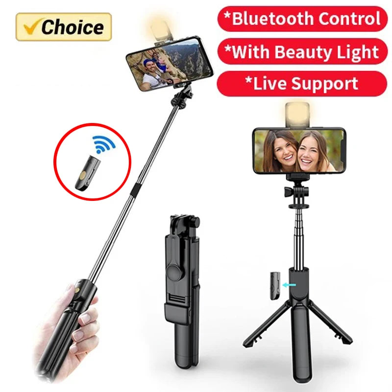 3-in-1 Selfie Stick Tripod – Fill Light, Bluetooth Remote & Foldable Stand