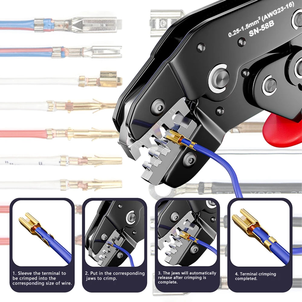 SN-58B Ratcheting Crimping Tool — For Dupont, JST, Molex, SATA & Open Barrel Terminals