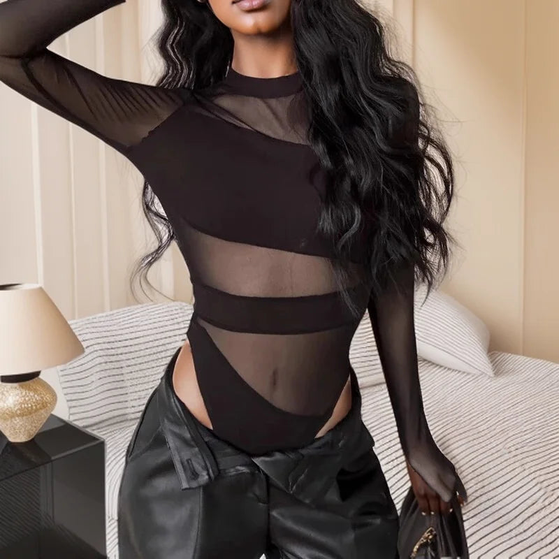 Women's Sheer Mesh Cut-Out Bodysuit – Long Sleeve Diagonal Hollow Clubwear
