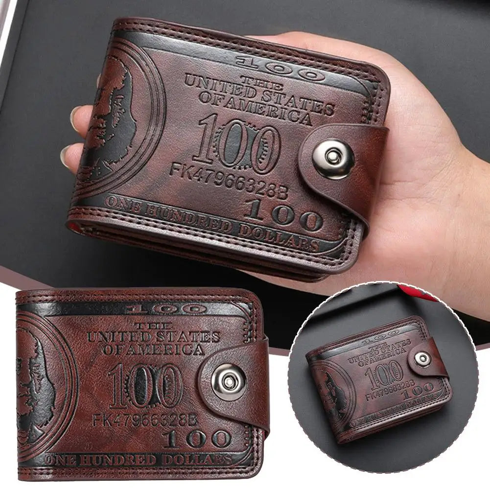 Vintage $100 Bill Pattern Wallet — Multi-Functional PU Leather Snap & Zipper Wallet