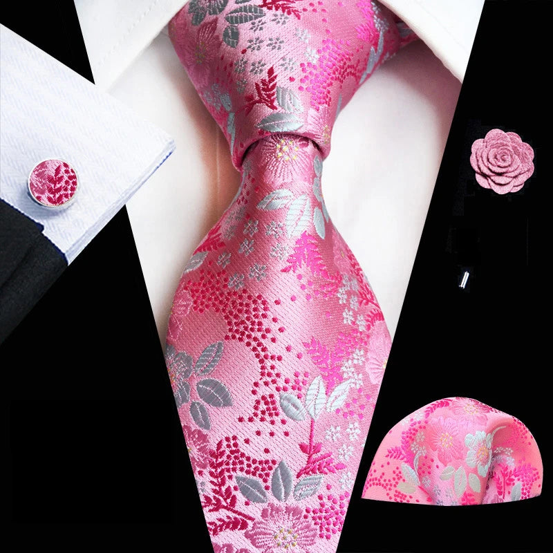 Floral Silk Necktie, Pocket Square & Cufflinks Set – Multiple Colors