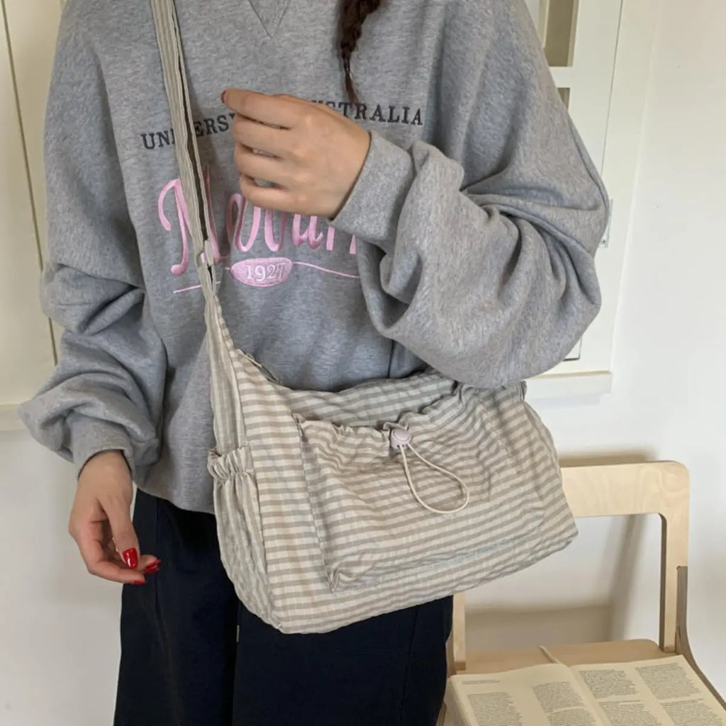 Korean Style Plaid Casual Shoulder Bag, Lightweight Checkered Crossbody Bag with Adjustable Strap, Cotton Quilted Fabric Handbag
