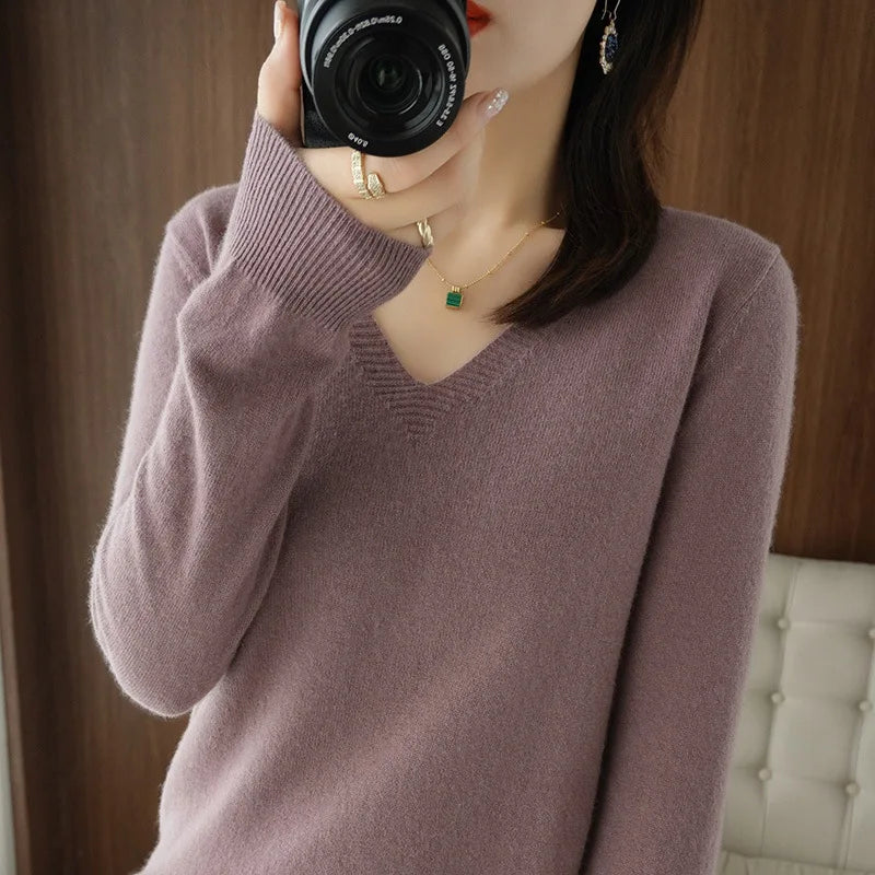 Women's V-Neck Lace Hollow-Out Knit Sweater | Casual Long Sleeve Pullover 10 Colors M-XXL
