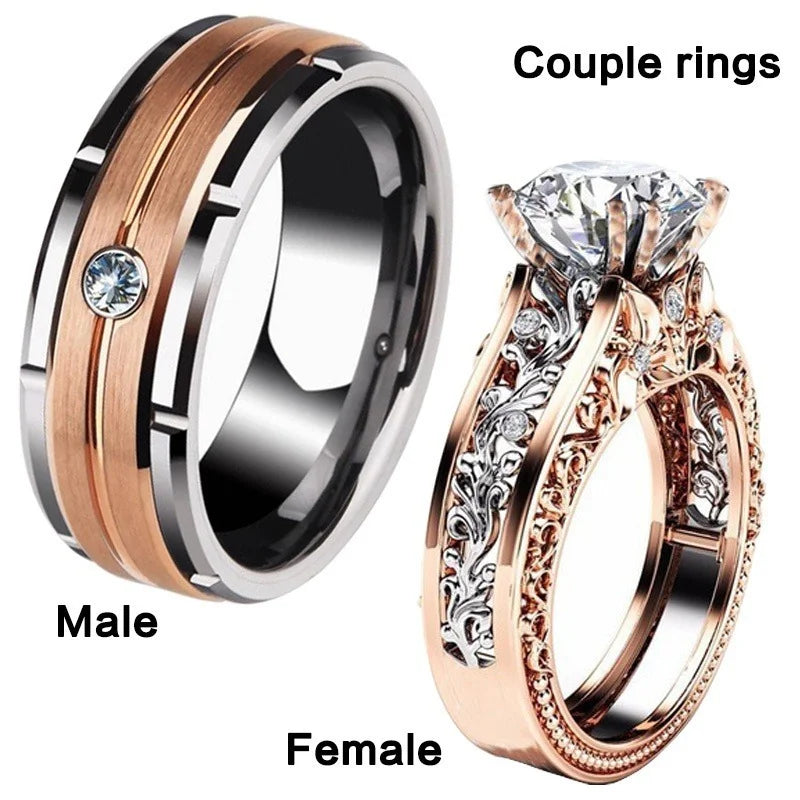 Anillo de pareja de circonita tallada hueca | Oro Rosa y Plata | Joyería nupcial de compromiso y boda