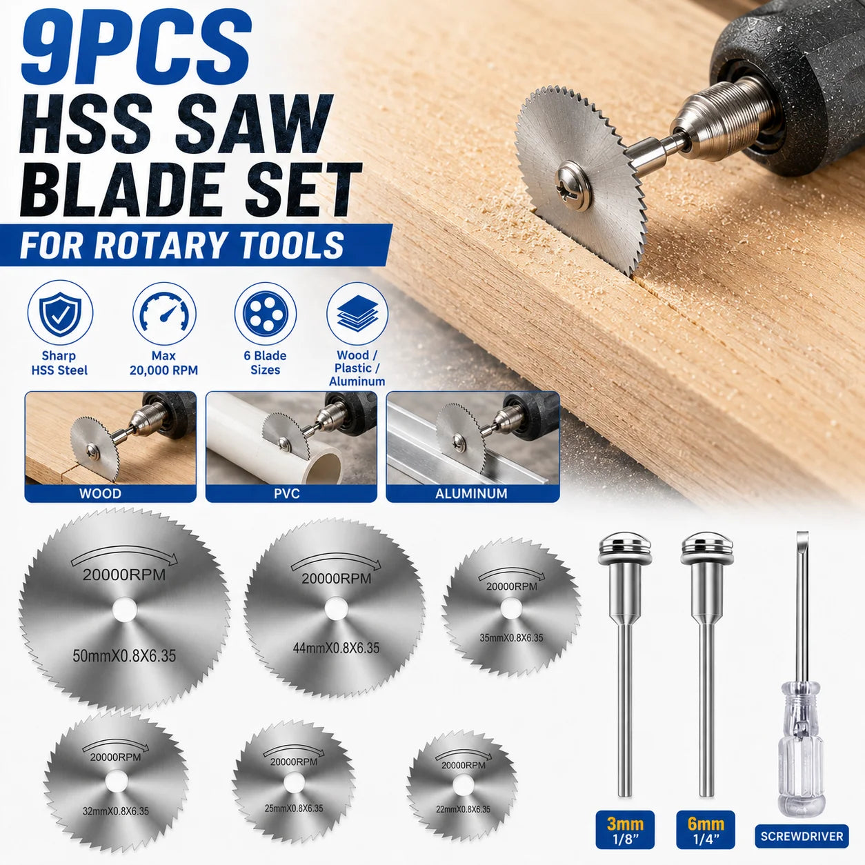 9pcs Rotary Tool Cutting Wheel Set HSS Saw Disc Blades 1/8' & 1/4' Shank Wood Plastic Aluminum Cutting Set with Screwdriver