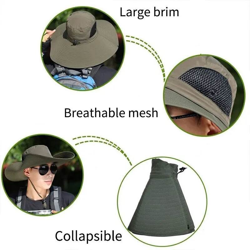 Gorra de sol de poliéster de ala ancha con protección UV, malla transpirable, plegable, para hombres y mujeres, para pesca al aire libre, senderismo, playa