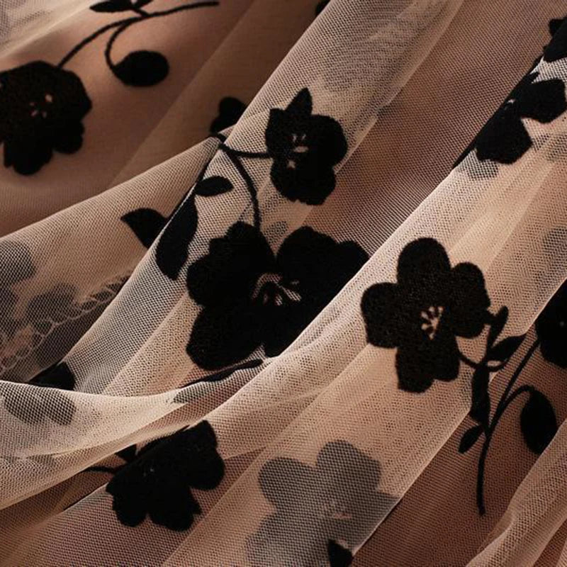 Floral Flocked Tulle Pleated Midi Skirt