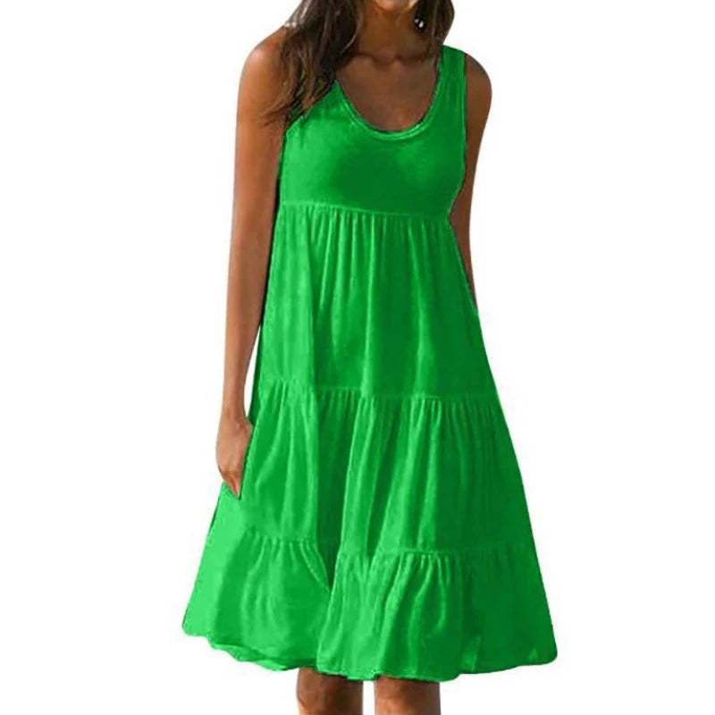 Minivestido informal sólido para mujer Verano 2024 Elegante sin mangas con volantes Vestido corto suelto para fiesta en la playa Vestido playero extragrande estilo urbano