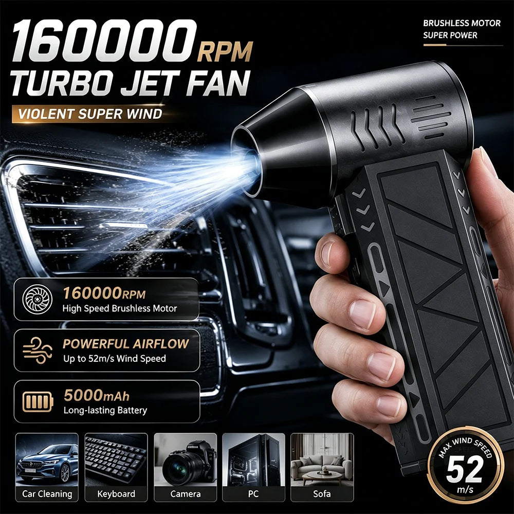 160,000 RPM Brushless Turbo Jet Air Duster — Variable Speed Handheld Blower with LED