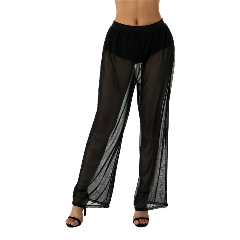 Pantalón sexy transparente de cintura alta para mujer, informal, largo, estilo Y2K, pernera ancha, transparente, largo, para verano, ropa urbana