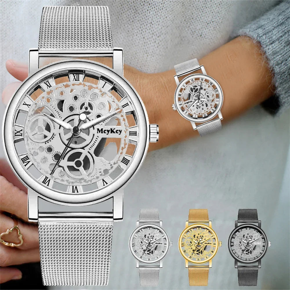 Moda Top Mujeres Reloj de Pulsera de Cuarzo de Malla Metálica para Dama con Diseño de Esqueleto Hueco y Reloj Mecánico Falso para Mujer Relogio Feminino