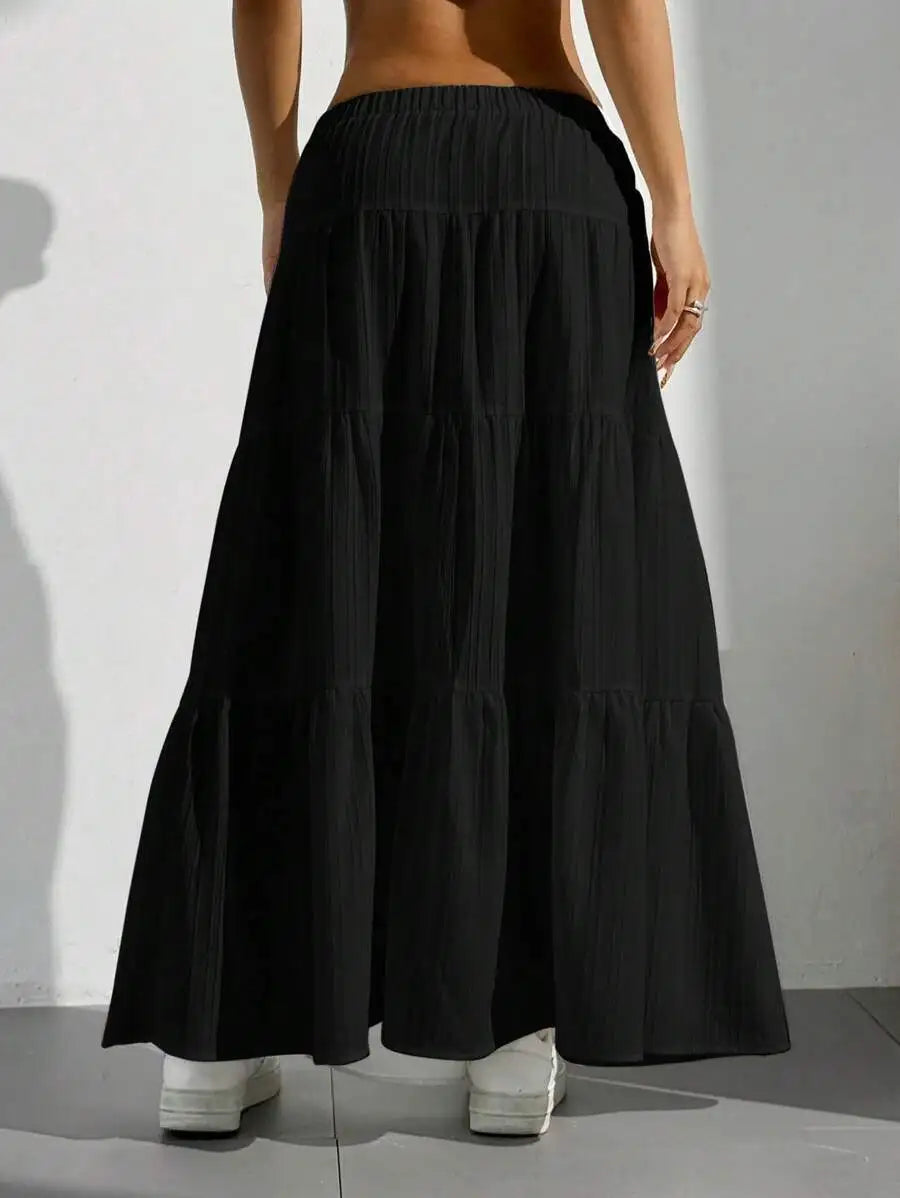 Tie-Strap Pleated Flared Maxi Skirt