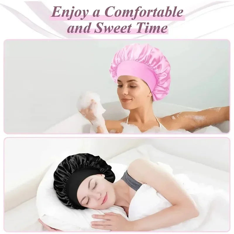 1 unidad de gorro de satén de seda suave con forro, gorro de satén grande para el cabello, gorro de ducha para dormir, envoltura para el cabello largo, herramienta de salón