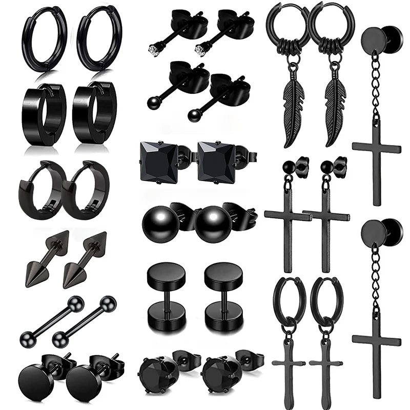 Pendientes de Aro y Botón de Acero Inoxidable Punk – Estilo Redondo y Cruzado Unisex