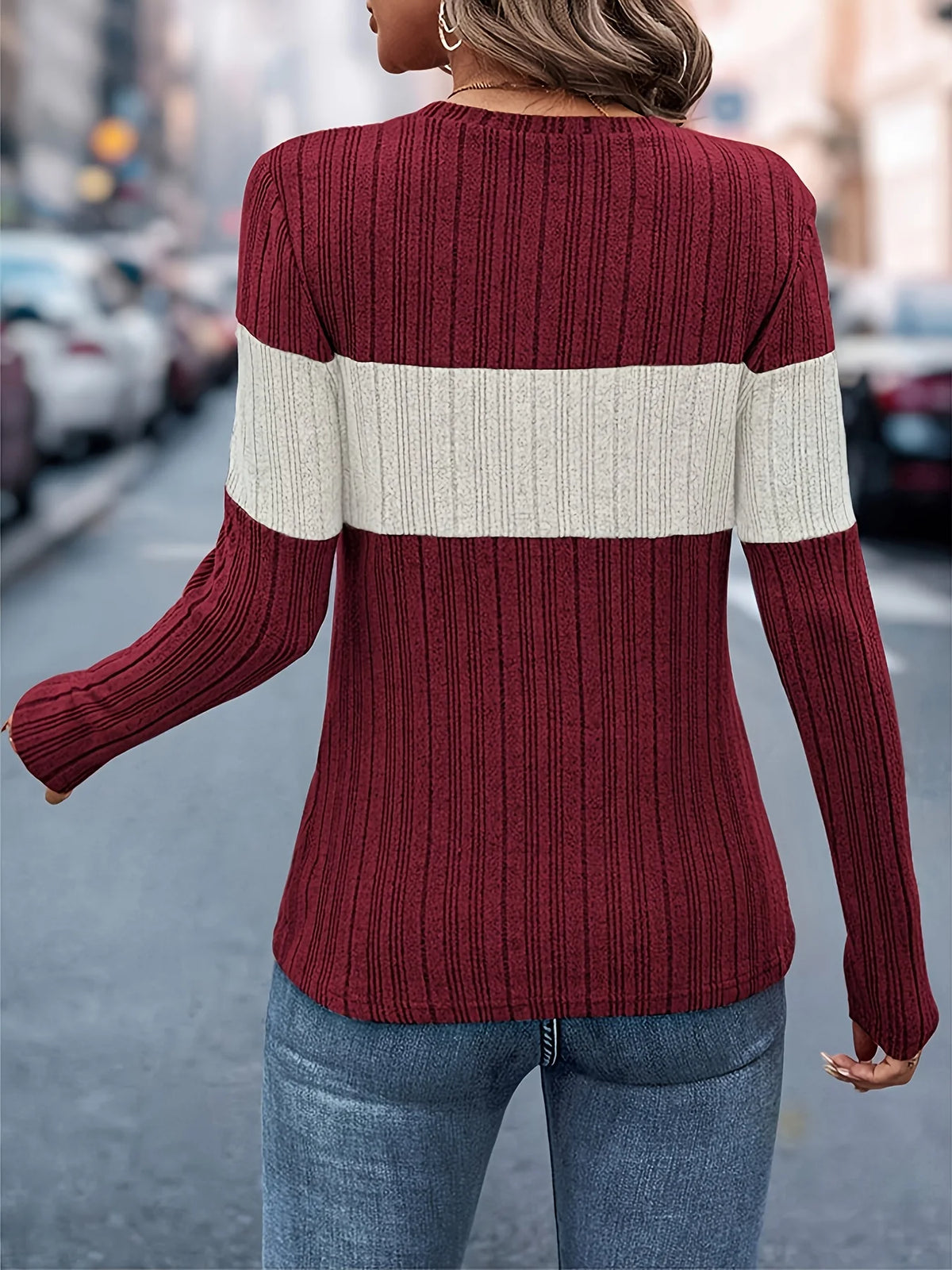 Color Block Round Neck Long Sleeve Knit Top – 3 Colors