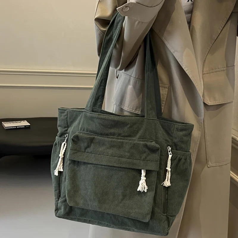 Corduroy Shoulder Tote Bag — Casual Multi-Pocket Women's Handbag