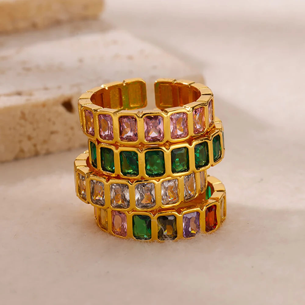 Colorful Cubic Zirconia Open Ring | 18K Gold Plated Stainless Steel | Boho Vintage Style | Women's Gift