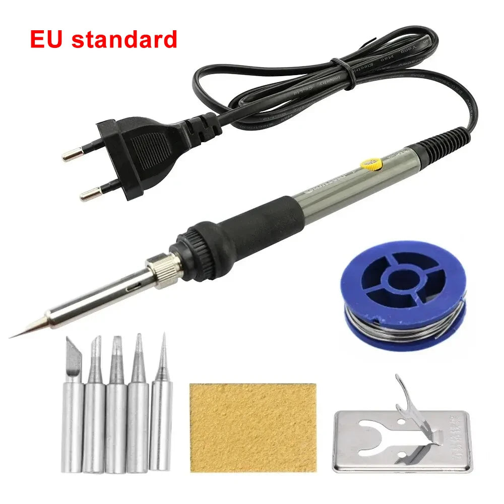 60W Adjustable Temperature Soldering Iron — US & EU Plug, Soldering Kit Options