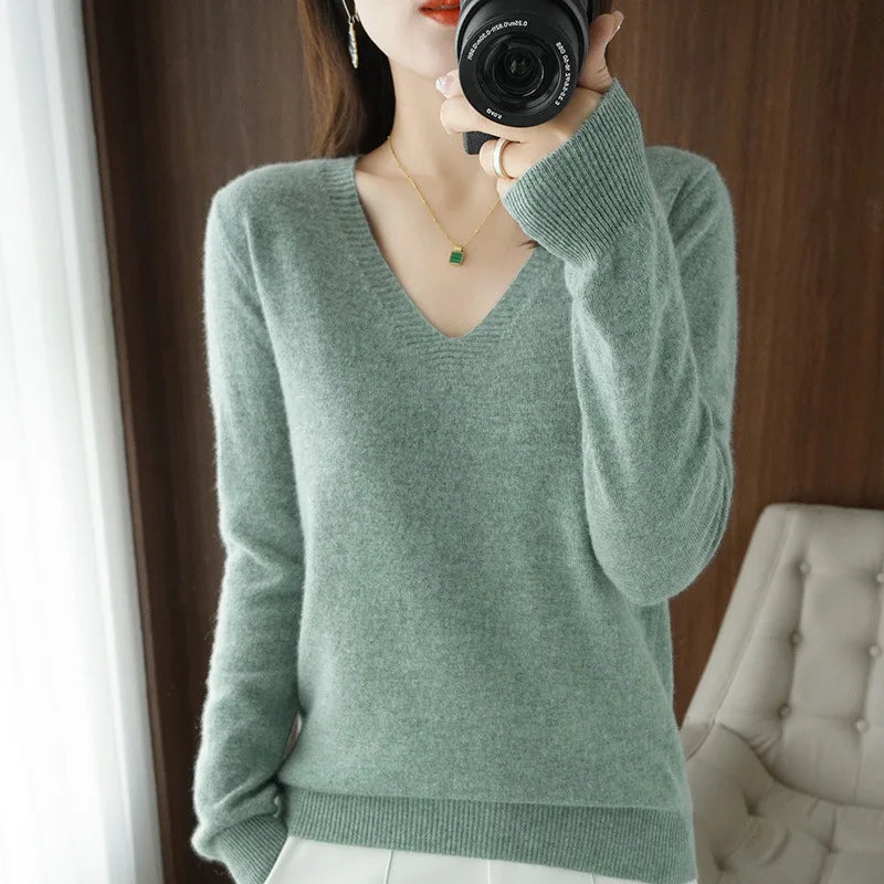 Women's V-Neck Lace Hollow-Out Knit Sweater | Casual Long Sleeve Pullover 10 Colors M-XXL