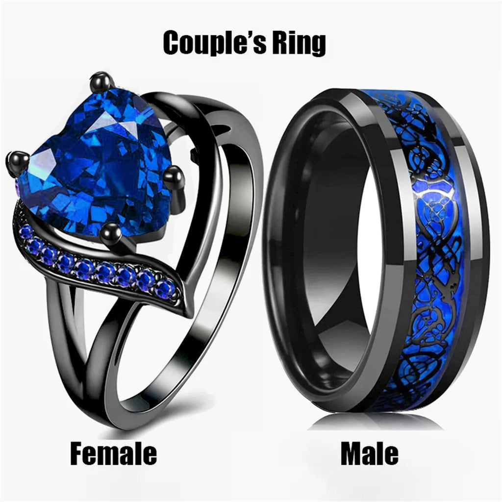 Conjunto de anillos de pareja con corazón de diamantes de imitación y dragón celta | Joyería de boda y aniversario para él y para ella