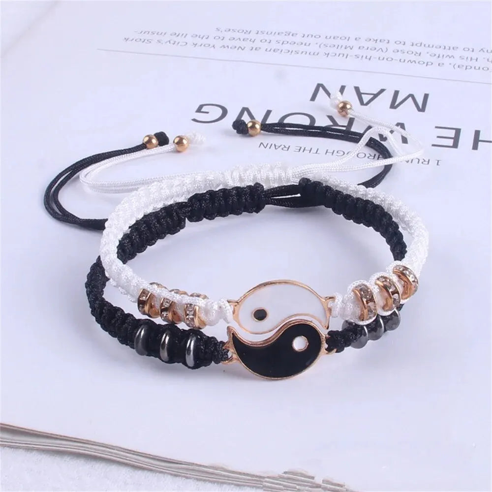 Couple Yin Yang Bracelet Set – Black & White Adjustable Rope Chain | 2 PC