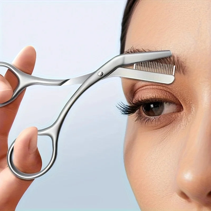 Stainless Steel Eyebrow Scissors with Built-In Comb