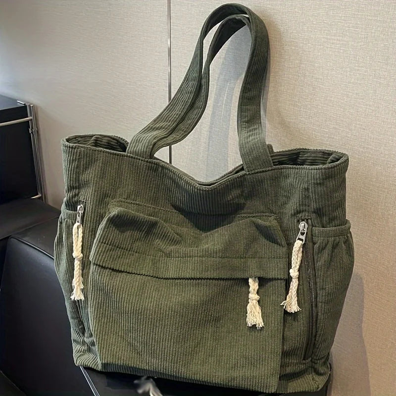 Corduroy Shoulder Tote Bag — Casual Multi-Pocket Women's Handbag